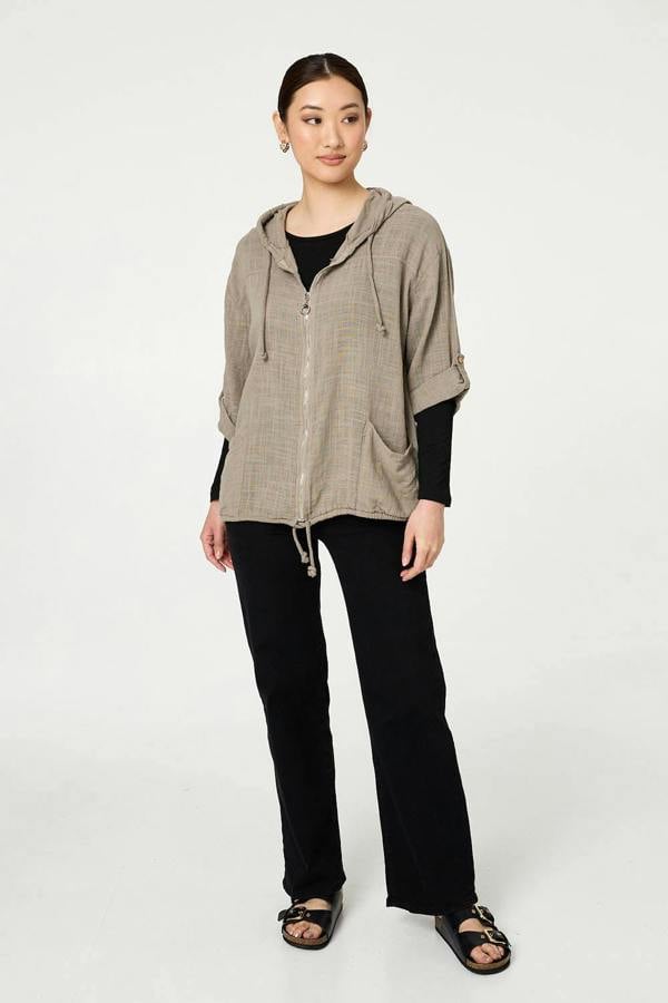 Stone | 3/4 Sleeve Hooded Zip Front Jacket