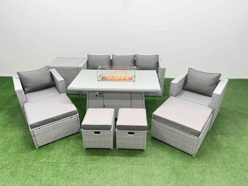 Fimous 9 Seat PE Rattan Lounge Sofa Set Outdoor Garden Furniture Set with Fire Pit Dining Table 3 Seater Sofa 4 Footstools Side Table Light Grey