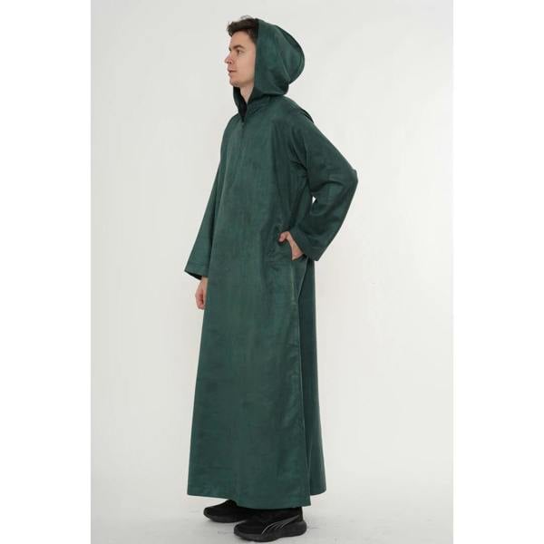 HM12 - Men's Hooded Suede Emirati Omani Zipped Thobe - Green - Thobez - 6