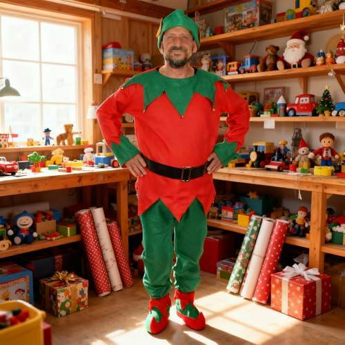 One Size Adult Unisex Christmas Elf Fancy Dress Costume with Hat, Shoes, Belt and Trousers image 8