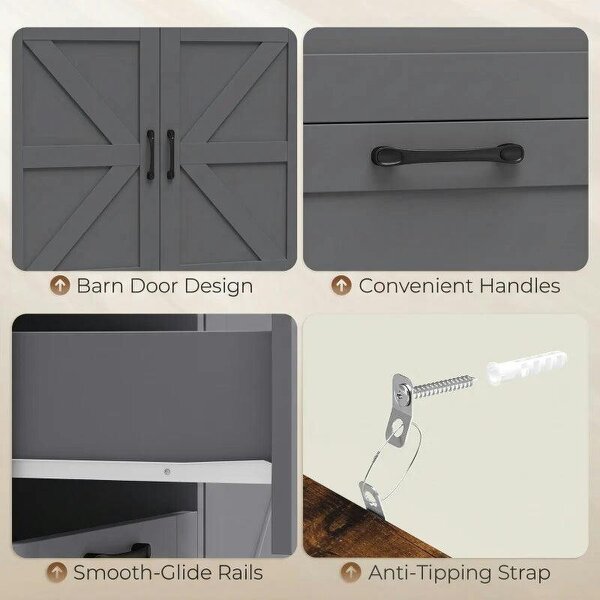 Sideboard Cabinet with Power Outlet, Farmhouse Kitchen Cabinet with 3 Drawers and Open Shelf, Grey