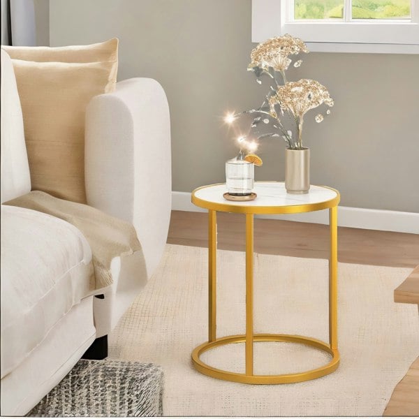 Rafaelo Mobilia Faux Marble Round Coffee Side End Table Gold