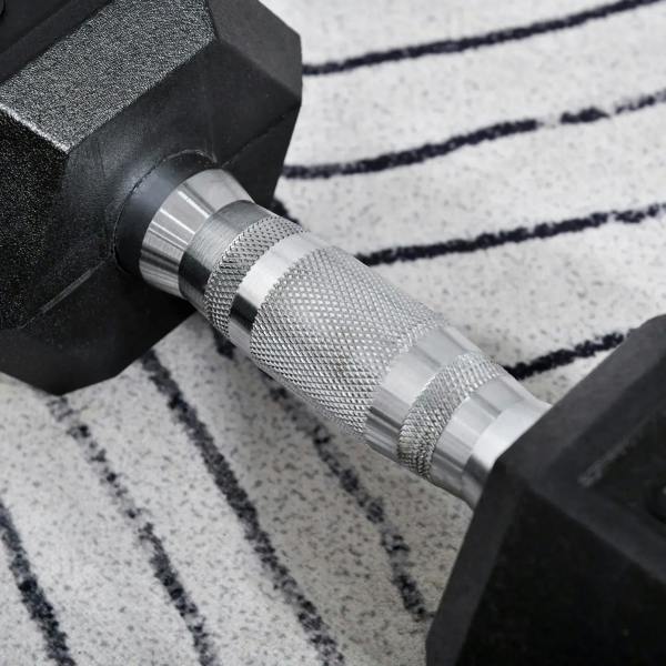 Black hex rubber dumbbell head with chrome knurled grip and steel bar