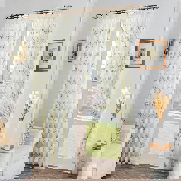 Luxury Living Leaf Embroidered Tulle Voile Curtains Pencil Pleat