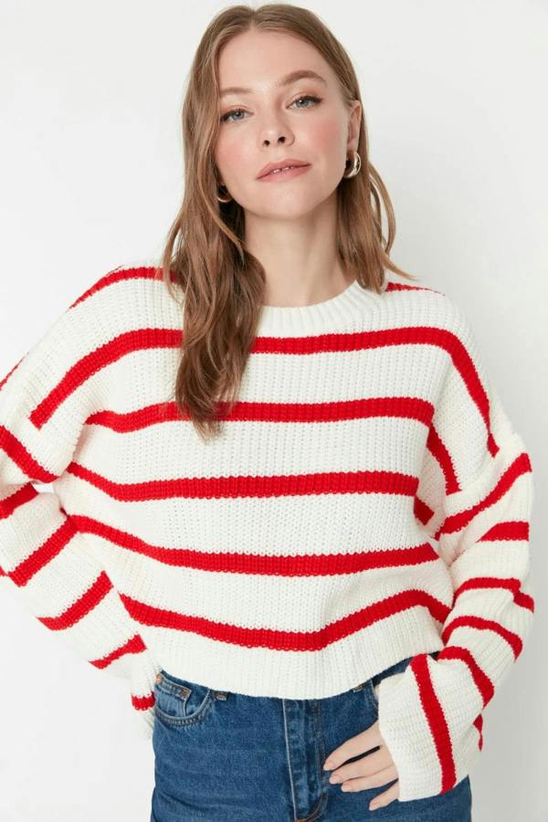 Hoxton Gal Cropped Basic Striped Oversized Knit Sweater