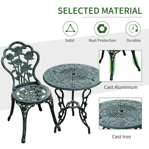 Antique green cast aluminum bistro set showing solid chairs and round floral tabletop.