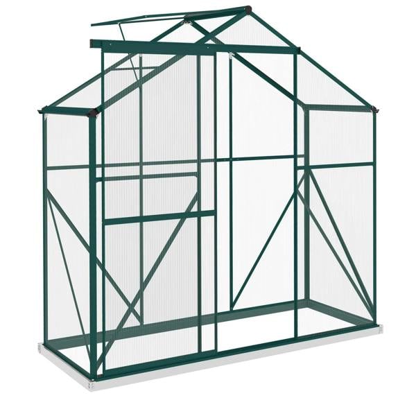 Green polycarbonate walk-in greenhouse with hinged-style door and louvered sides