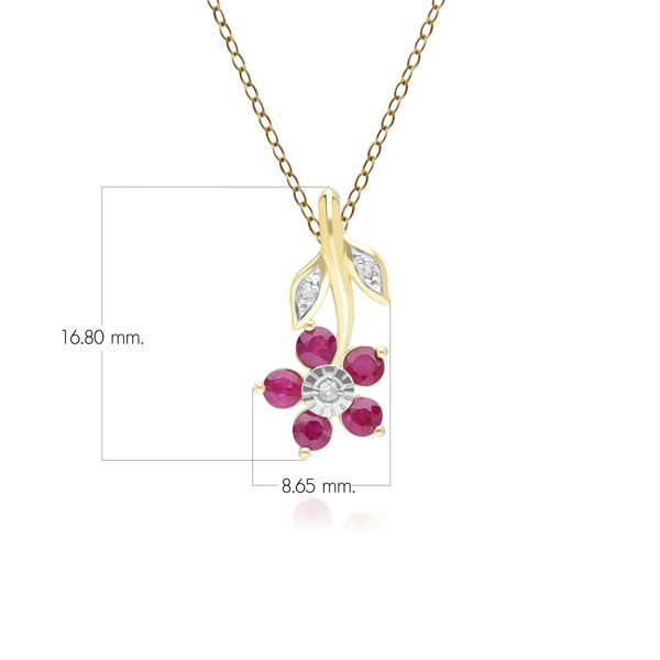 Gemondo Floral Ruby & Diamond Pendant Necklace in 9ct Yellow Gold