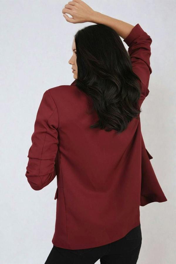 Valerie Ruched Sleeve Open Front Blazer Jacket With Front Pockets - Wine