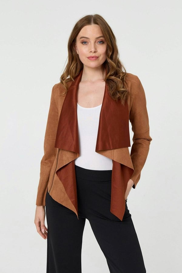Tan | Waterfall Front Cropped Open Jacket

