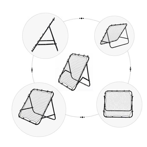 Rebounder net target set showing multiple folding angles with black frame and grid net