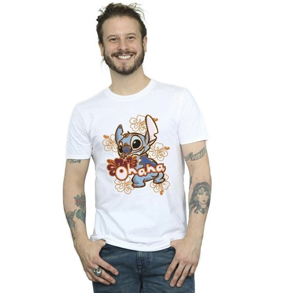 Disney Mens Lilo And Stitch Ohana Orange Hibiscus T-Shirt - White