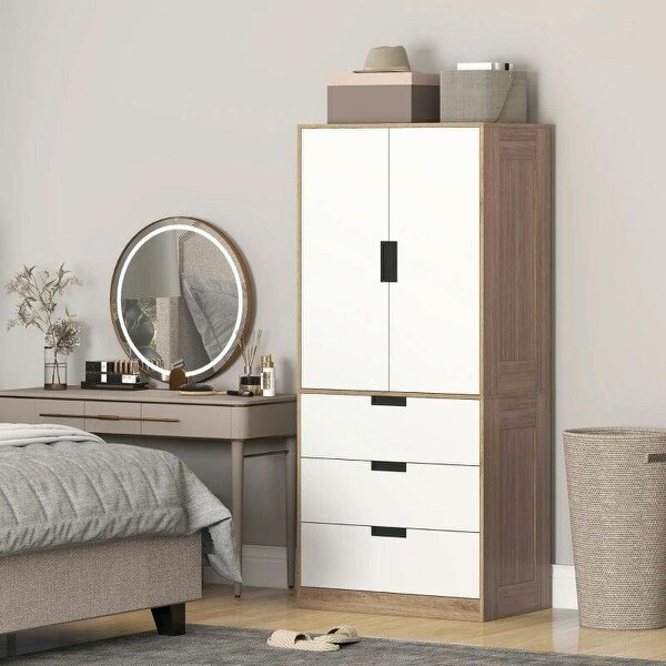 Modern Clothes Storage Cupboard Unit, 3 Drawer 2 Door Wardrobe with Hanging Rod, White/Brown - Brown