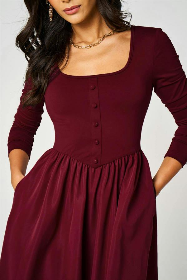 FS Collection Burgundy Square Neck Button-Front Long Sleeve Midi Dress