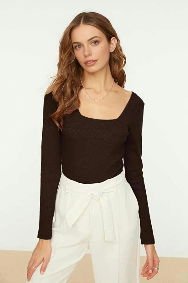 WOVCOR Square Neck Long Sleeve Ribbed Knit Bodysuit