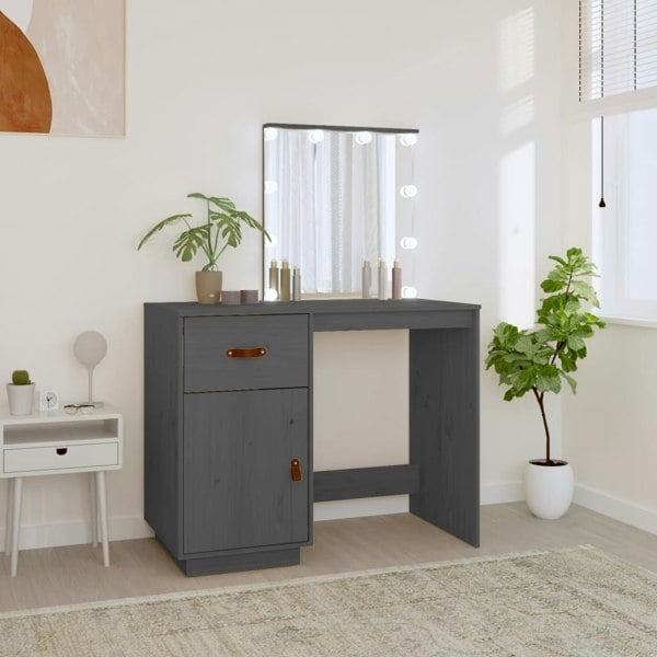 Berkfield Dressing Table with LED Grey 95x50x133.5 cm Solid Wood Pine