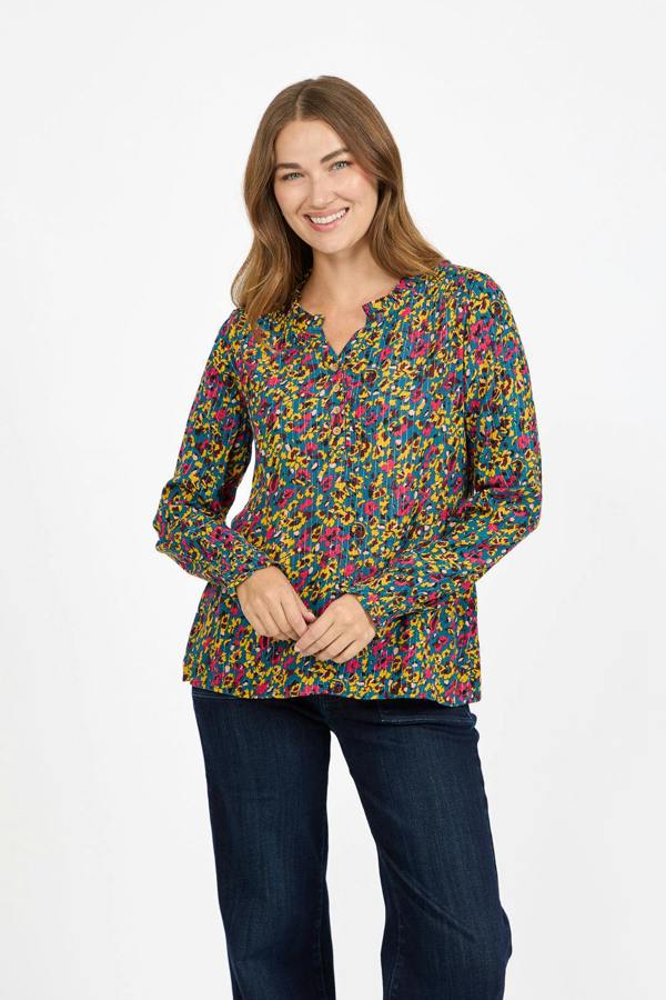 Mudflower Floral Printed Button-Up Blouse with Ruffle Detailing