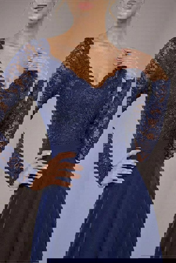 Off The Shoulder Lace Skater Mini Dress - Navy Blue DR2563C