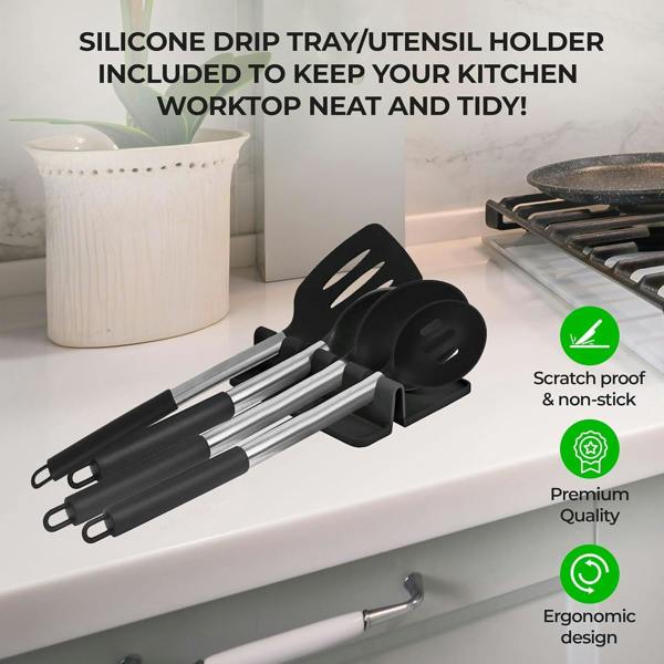 Top 3 8 Piece Silicone Kitchen Utensil Set with Storage Bucket Black