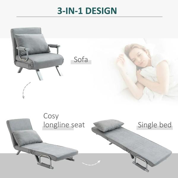 Light grey 3-in-1 futon chair in sofa, lounge, and single-bed forms