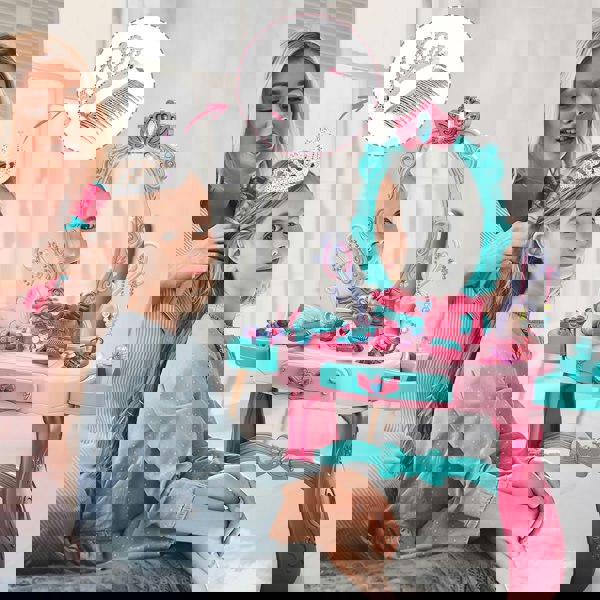 deAO Toys Princess Vanity Table Set with LED Lights & Sound – Kids Makeup Toy for Girls, Perfect Birthday Gift (Pink)