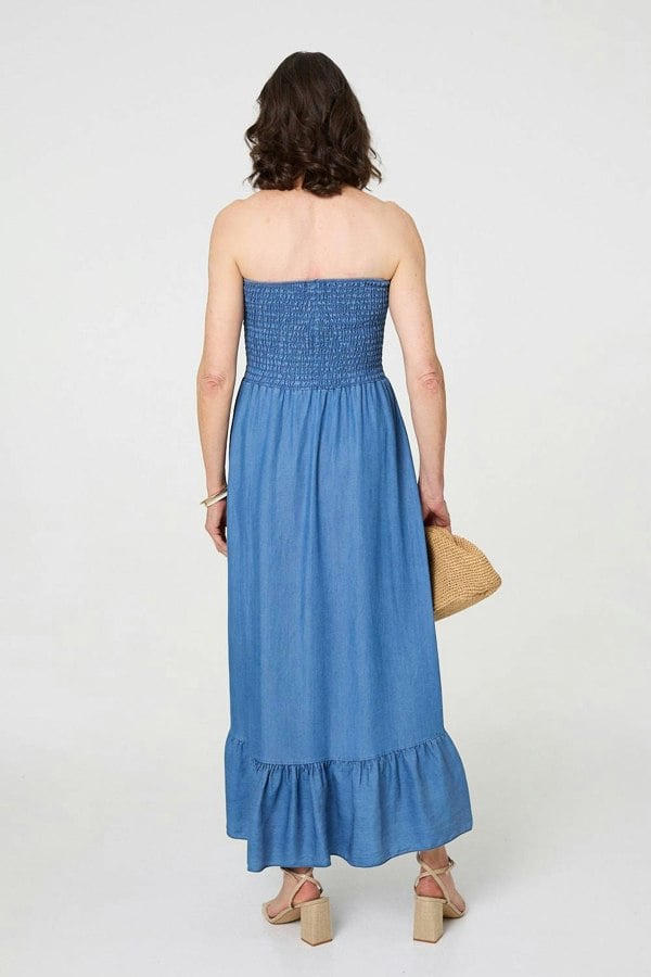 Blue | Strapless Shirred Frill Hem Maxi Dress
