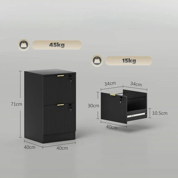 Filing Cabinet, Fluted Vertical File Cabinet with 2 Lockable Drawers and Hanging Rails, Black
