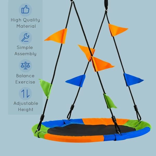 Hanging saucer swing seat with adjustable-height ropes and multicolor fabric panels