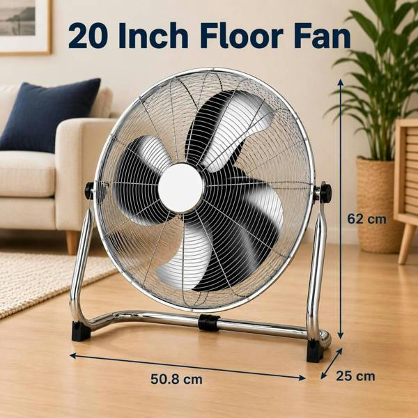 Dyzi 20 Inch Metal Floor Fan High Velocity Adjustable Tilt Chrome