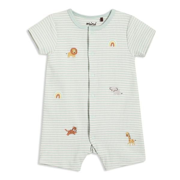 Mini Cuddles Baby Unisex Animal Embroidered Romper, Mint