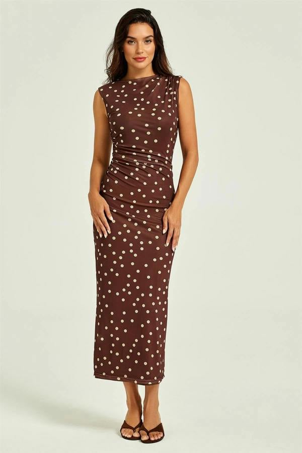 FS Collection Polka Dot Print Mesh Midi Dress In Brown