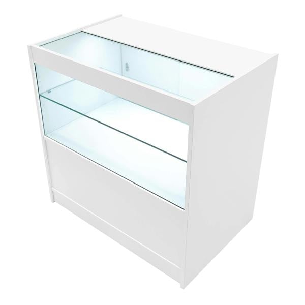 Eclipse LED shop counter set in sleek white, featuring glass display shelves and modern design, ideal for retail environments