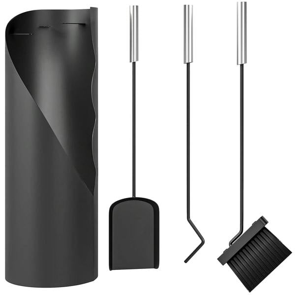 Black metal fireplace tool set with shovel, poker, and broom heads in stand