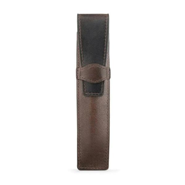 Brown leather pen case on a white background