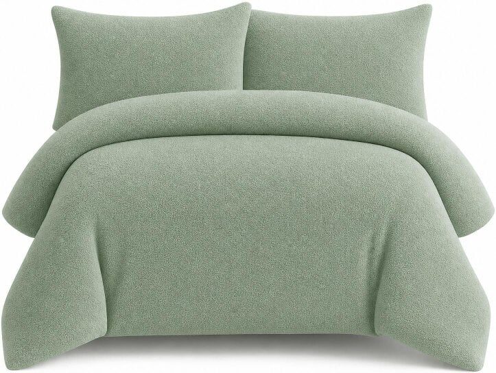 Night Zone Teddy Fleece Duvet Cover Set – Soft Warm Teddy Bear Bedding with Pillowcases - Sage Green