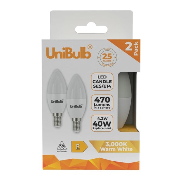 UniBulb LED Candle E14 (SES) 470lm 4.2W 3000K (Warm White)  - Pack of 2 front