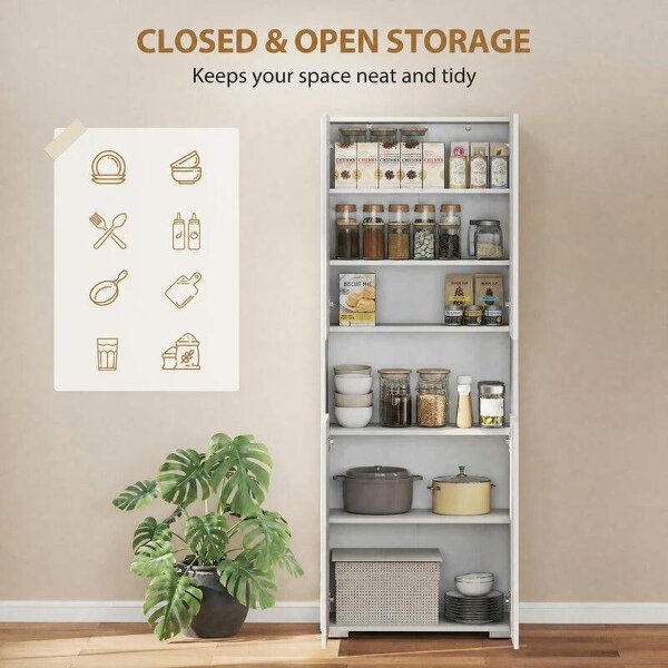 180 cm Tall Kitchen Cupboard, Pantry Storage Cabinet with Soft Close Doors and Adjustable Shelves, High Gloss White