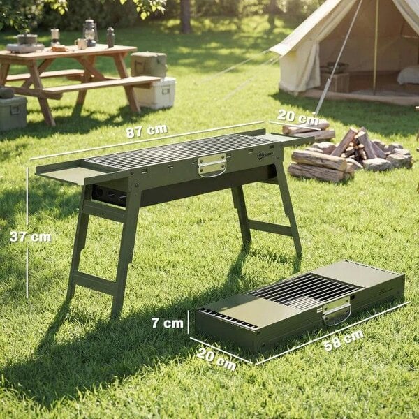Bobobiy Portable BBQ Grill, Foldable Charcoal Grill for Camping and Picnics with 2 Side Shelves and Handle, Green