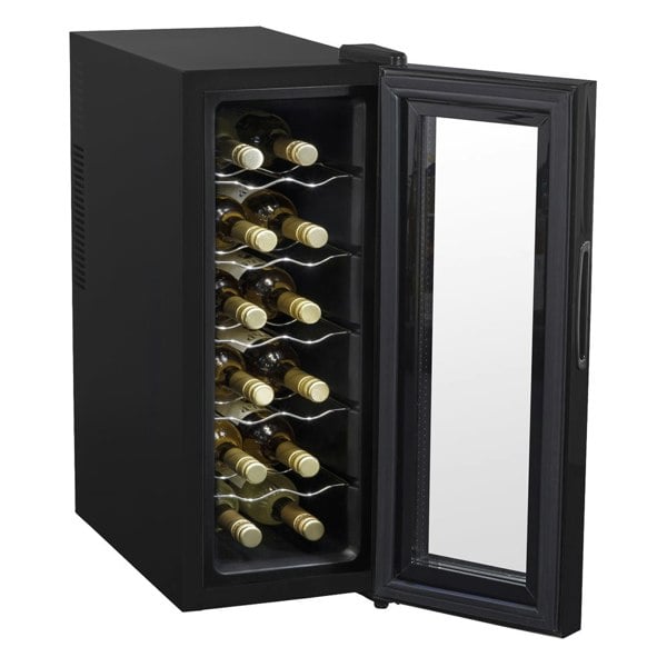 12 Bottle Freestanding Wine Cooler Fridge LED Backlit Metal Shelf BLACK & GLASS - LoopsDirect