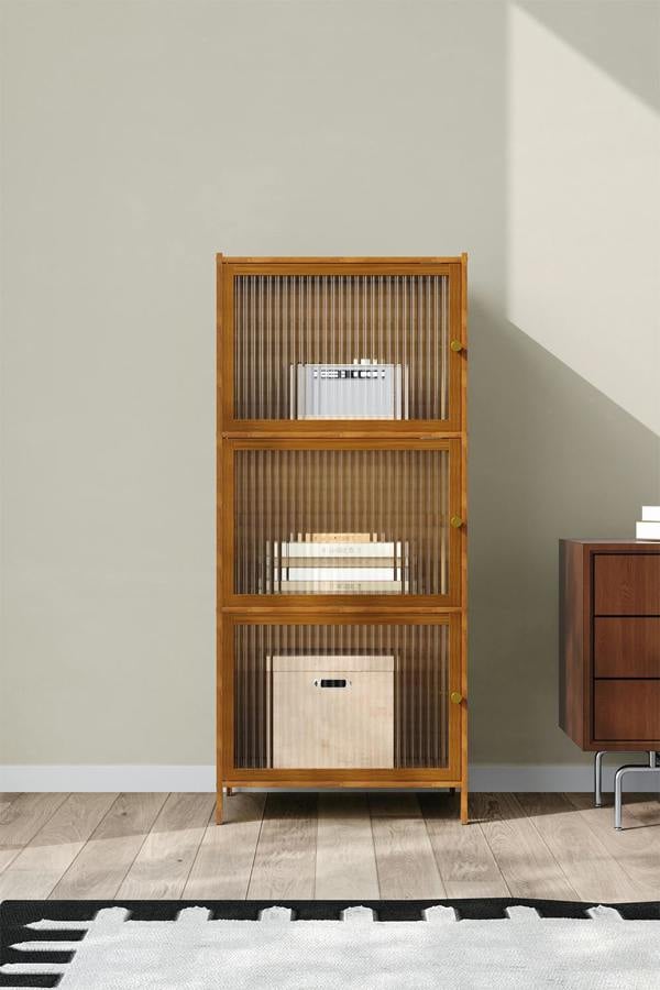 Living and Home Versatile 3-Tier Bamboo Storage Cabinet Bookcase Bookshelf Storage Rack w/ Doors