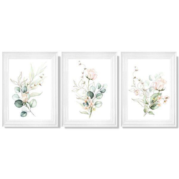 Pink Floral Roses Set of 3 Framed Art Prints with Glossy White Frames