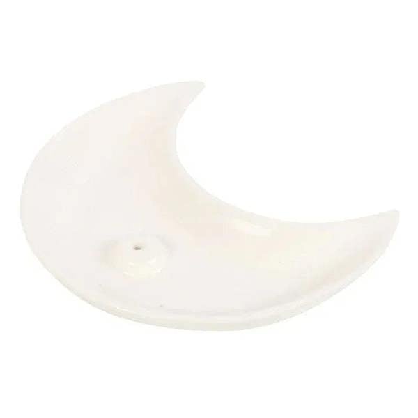 White crescent moon incense holder with stick hole