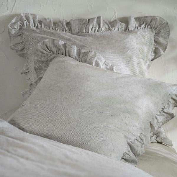 White & Grey Ruffled Linen Cotton Blend Bedding bedroom detail | Soak and Sleep