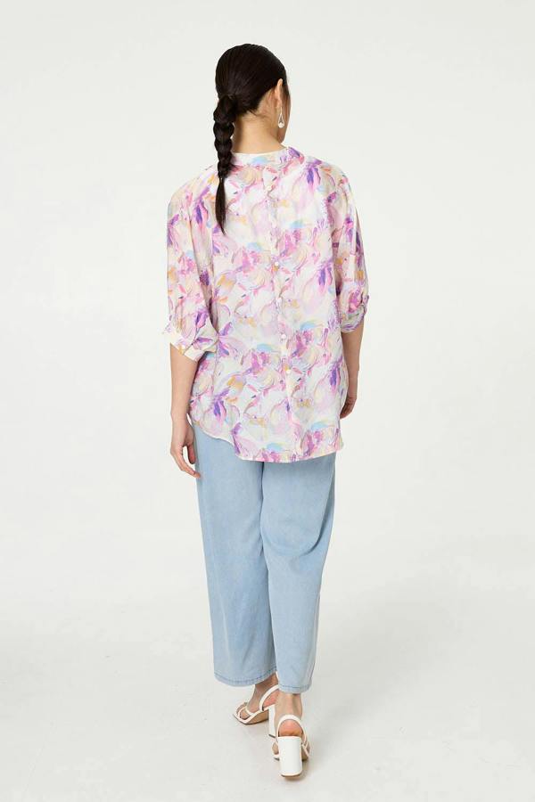 Pink | Abstract Curve Hem 3/4 Sleeve Blouse