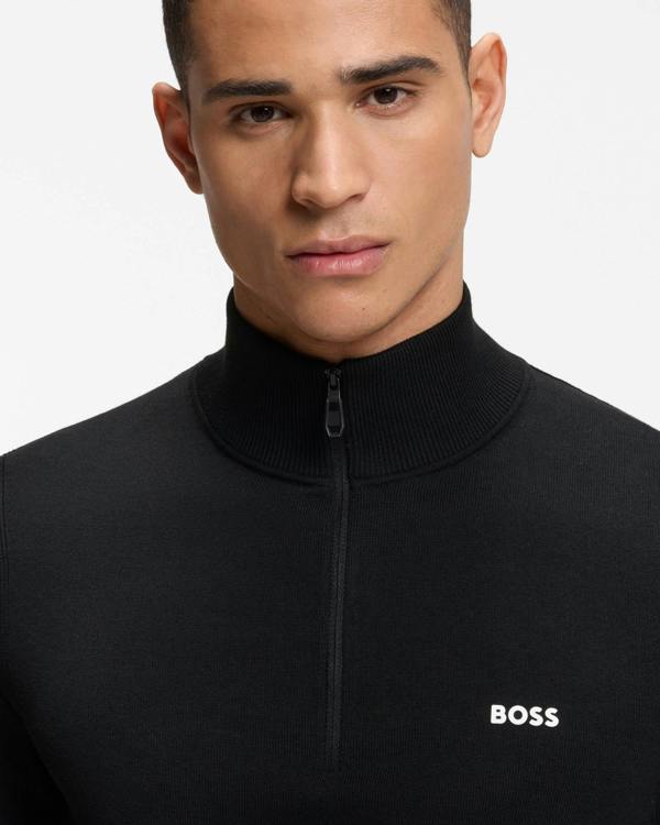 BOSS Green Ever - X Mens Cotton sweater with quarter zip - Black 001 | CHO | Designer Mens,Knitwear,Jumpers,Quarter Zip Jumpers