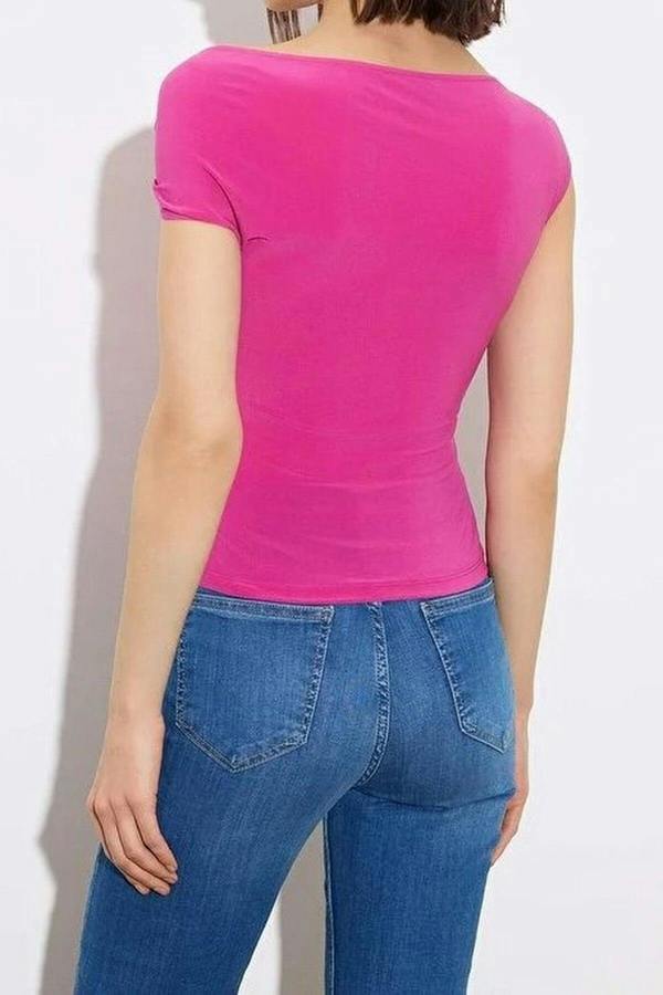 WOVCOR Fitted Asymmetrical Neckline Blouse with Accessory Detail Knit