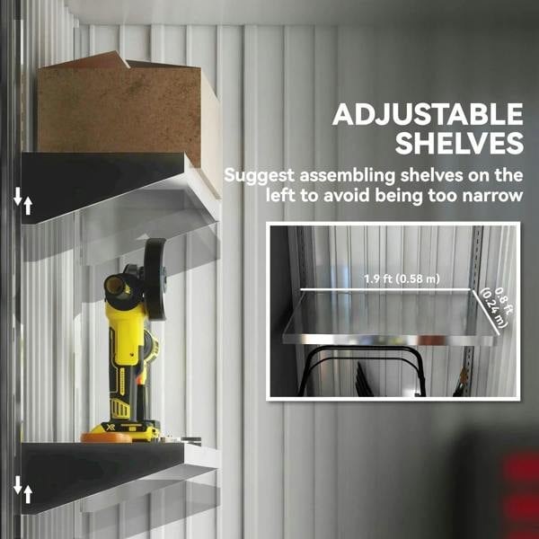 Interior view of metal shed with adjustable shelves and side wall storage rails