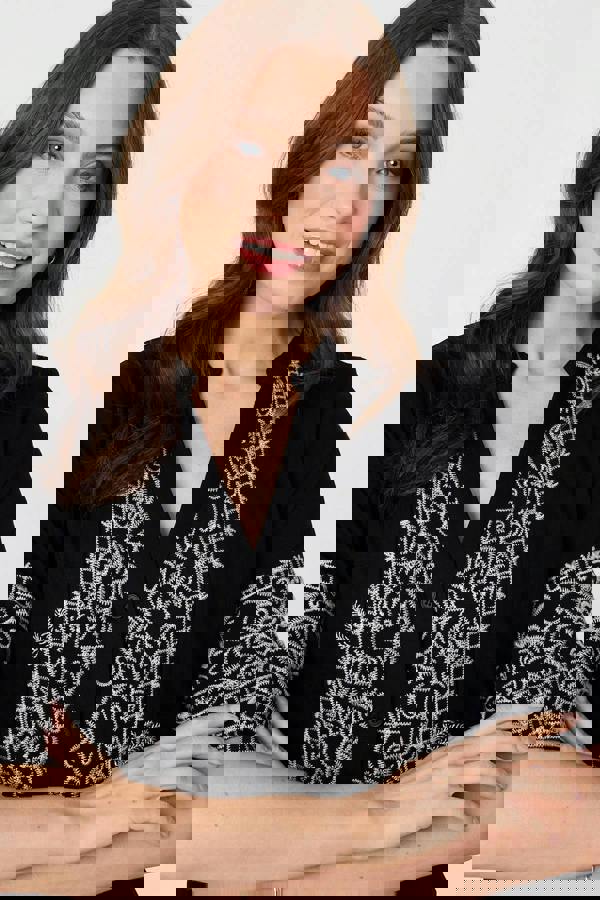 Black | Border Print 1/2 Sleeve Short Dress