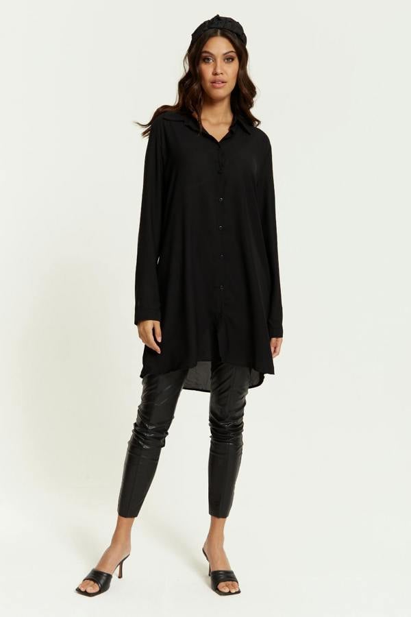 Hoxton Gal Oversized Shirt Tunic with Long Sleeves in Black