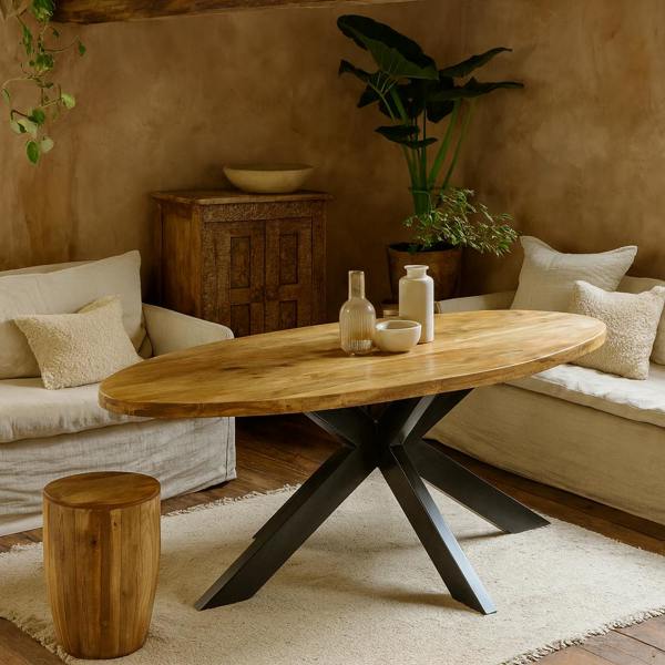Wyld Haus California Solid Mango Wood and Black Metal Oval Dining Table 6 Seater